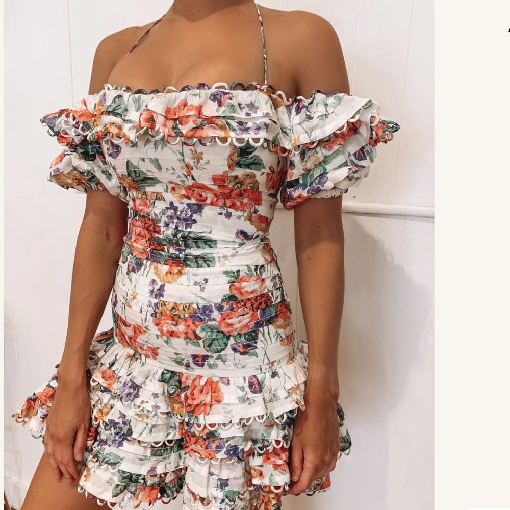 ZIMMERMANN OFF SHOULDER FLORAL MINI DRESS